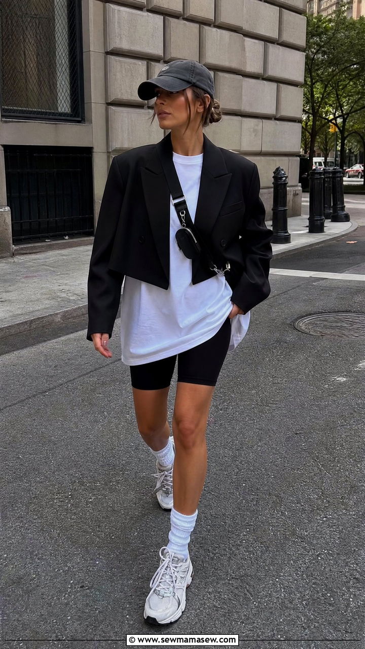 Cropped Blazer With Biker Shorts and Chunky Sneakers - 30 Cropped blazer outfit ideas with sneakers