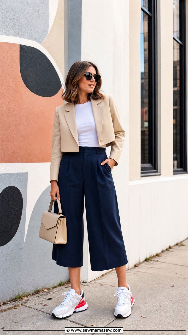 Cropped Blazer With Culottes and Sporty Sneakers - 30 Cropped blazer outfit ideas with sneakers