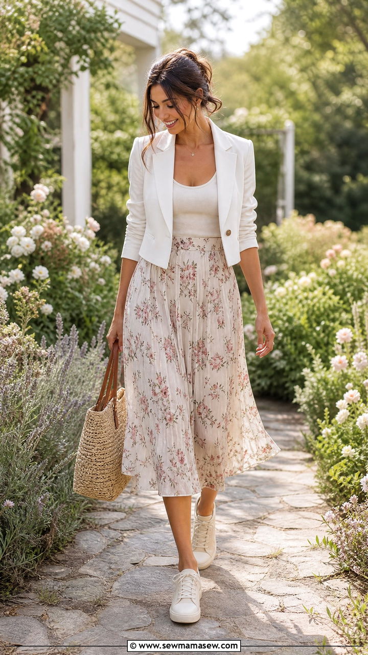 Cropped Blazer With Flowy Midi Skirt and Canvas Sneakers - 30 Cropped blazer outfit ideas with sneakers