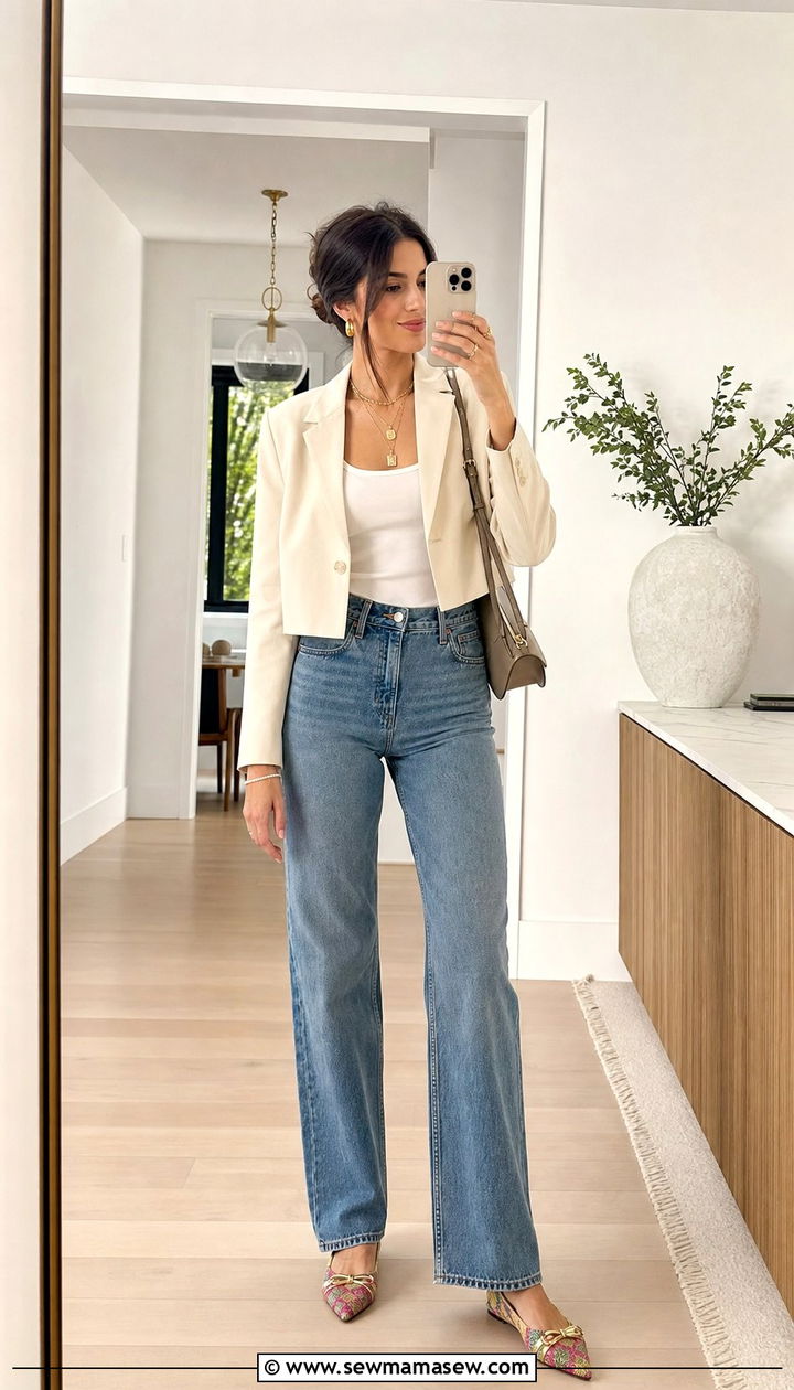 Cropped Blazer With High Waist Jeans - 25 dinner outfits aesthetic