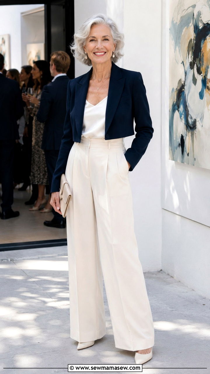 Cropped Blazer With High Waist Trousers - 30 Night out outfit ideas women over 60