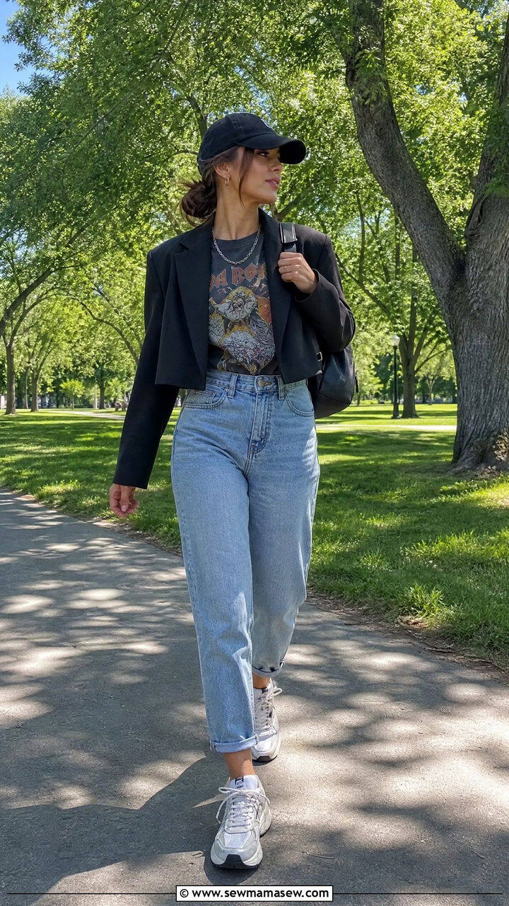 Cropped Blazer With High Waisted Mom Jeans and Chunky Sneakers - 30 Cropped blazer outfit ideas with sneakers