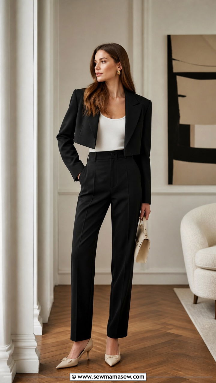 Cropped Blazer With High Waisted Trousers And Kitten Heels - 40 blazer outfit ideas for women
