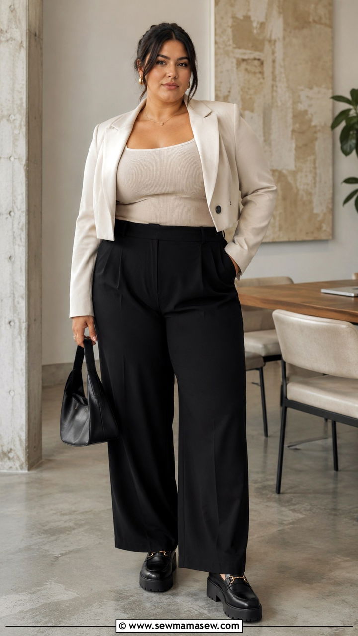 Cropped Blazer With High Waisted Wide Leg Trousers - 30 Plus size outfit ideas with blazer