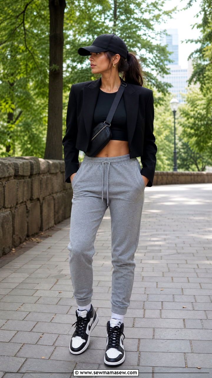 Cropped Blazer With Joggers and High Top Sneakers - 30 Cropped blazer outfit ideas with sneakers