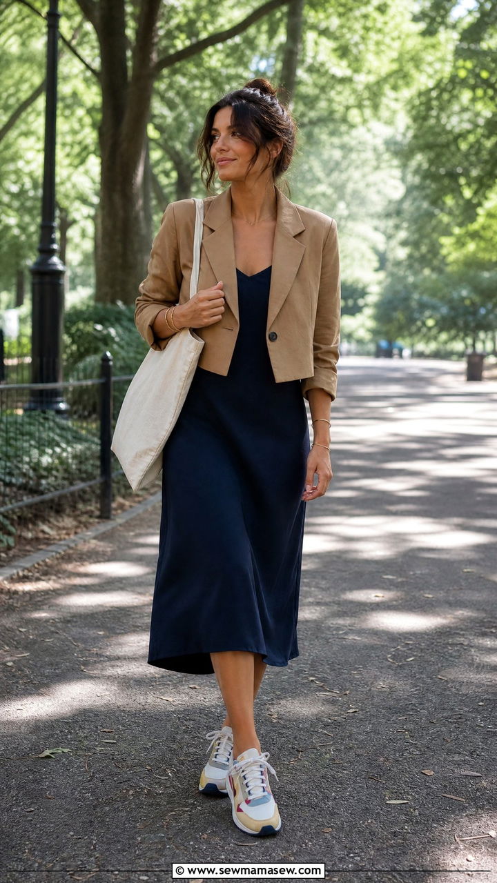 Cropped Blazer With Midi Dress and Retro Sneakers - 30 Cropped blazer outfit ideas with sneakers