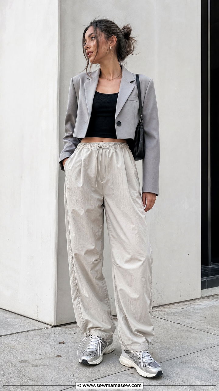 Cropped Blazer With Parachute Pants and Dad Sneakers - 30 Cropped blazer outfit ideas with sneakers
