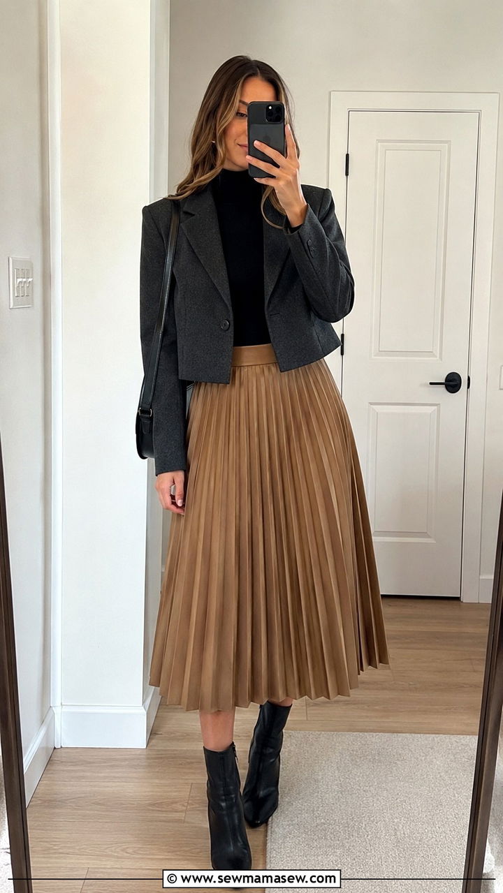 Cropped Blazer With Pleated Midi Skirt And Ankle Boots - 30 Pleated skirt outfit ideas with a blazer