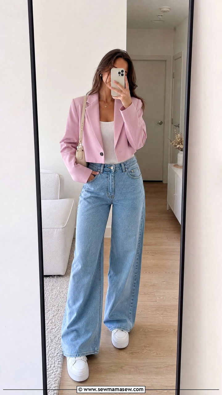 Cropped Blazer With Wide Leg Jeans and Platform Sneakers - 30 Cropped blazer outfit ideas with sneakers