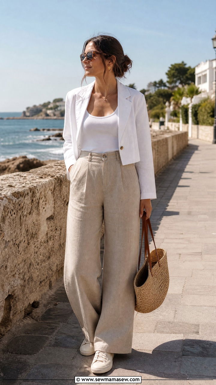 Cropped Blazer With Wide Leg Linen Trousers and Canvas Sneakers - 30 Cropped blazer outfit ideas with sneakers