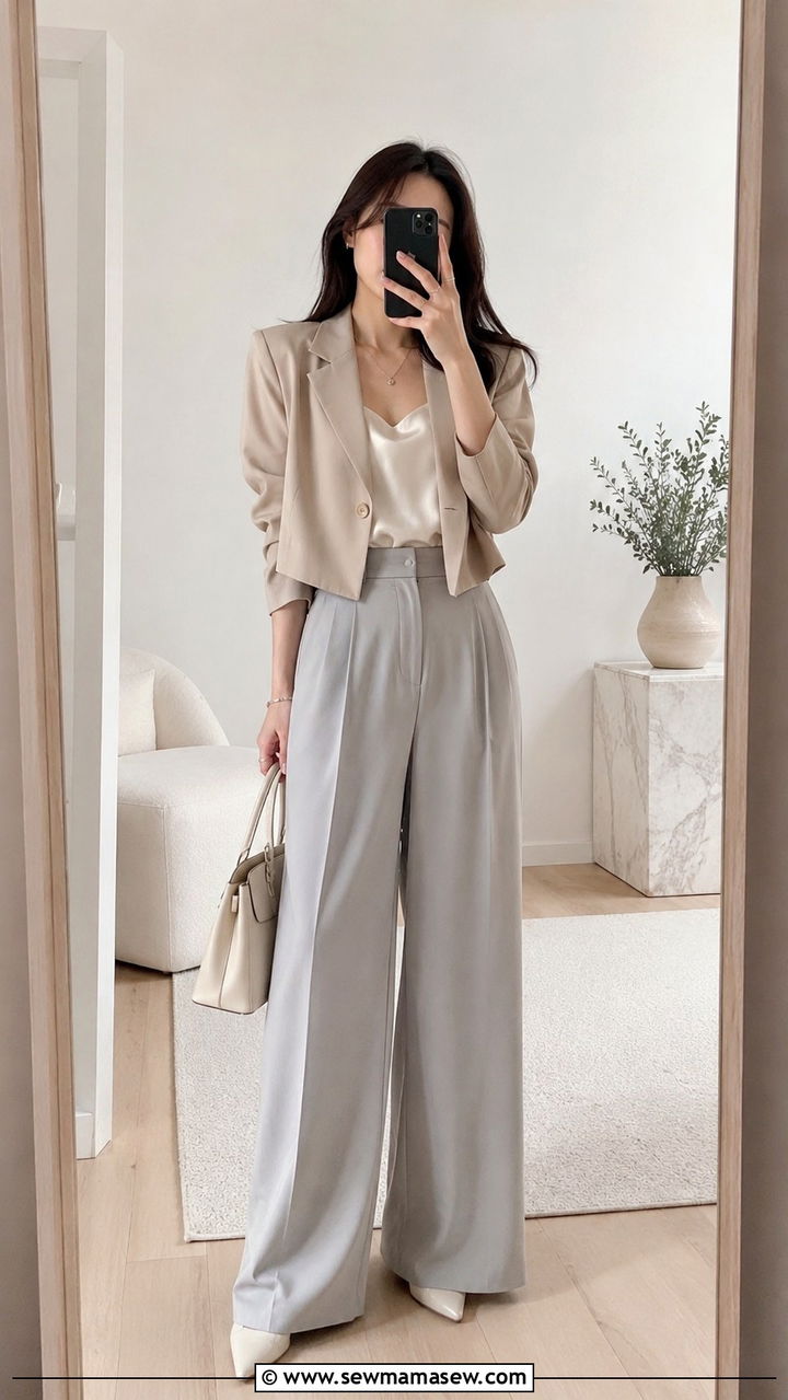 Cropped Blazer With Wide Leg Trousers Petite Outfit - 25 Petite spring capsule wardrobe