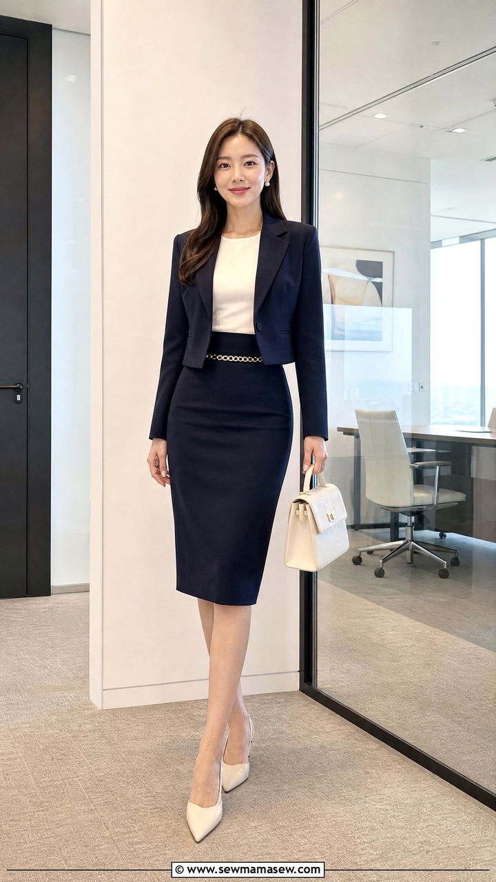Cropped Blazer and High Waist Pencil Skirt Outfit - 30 Flight attendant style outfits