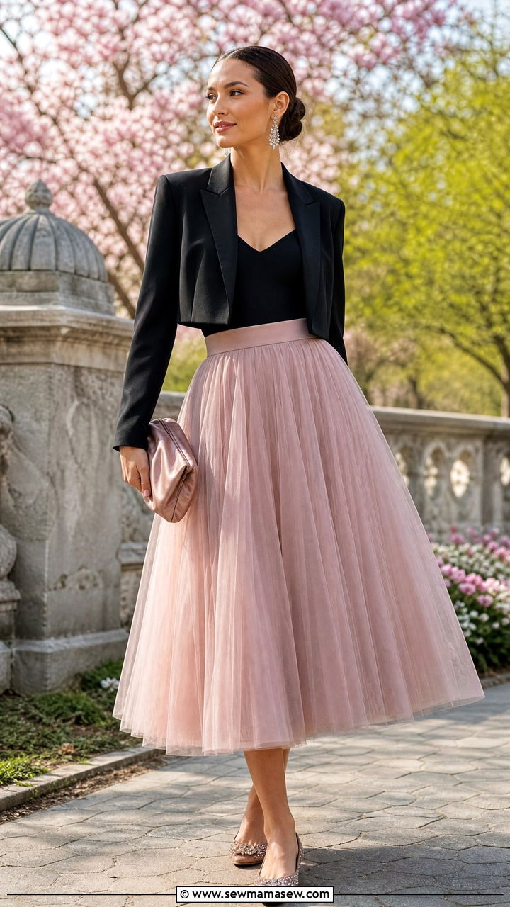 Cropped Blazer and Tulle Skirt Outfit - 30 Cropped blazer outfit ideas with a skirt