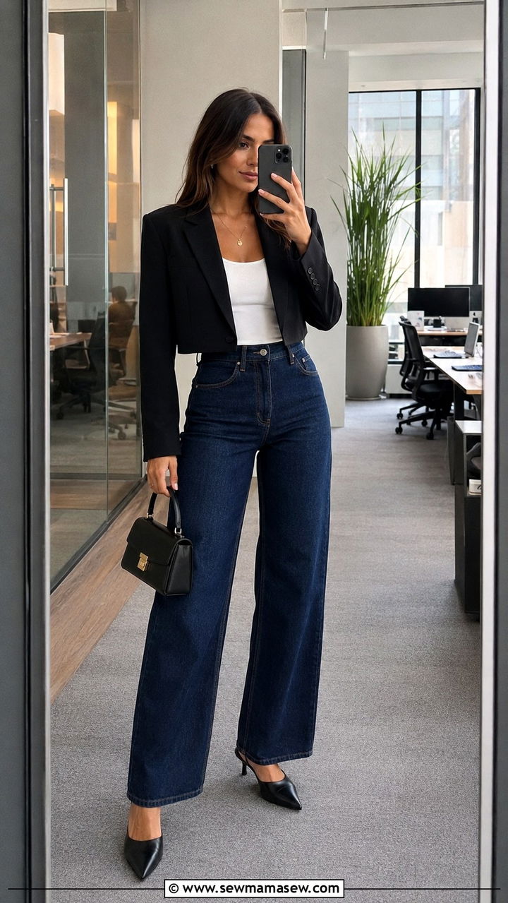 Cropped Blazer and Wide Leg Jeans - 30 Spring outfits with wide leg jeans
