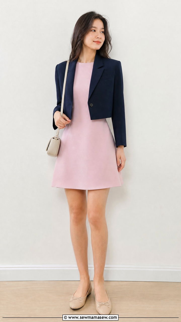 Cropped Blazer with A Line Dress - 30 Cropped blazer outfit ideas with a dress