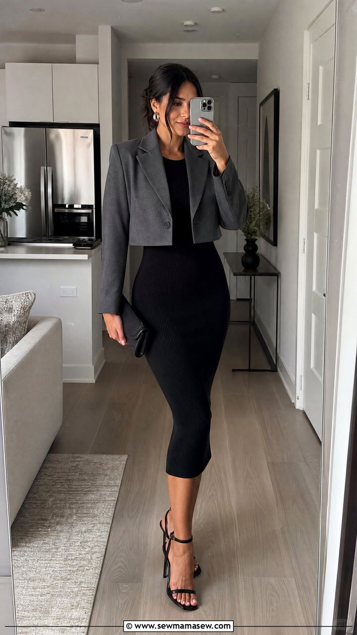Cropped Blazer with Bodycon Dress - 30 Cropped blazer outfit ideas with a dress