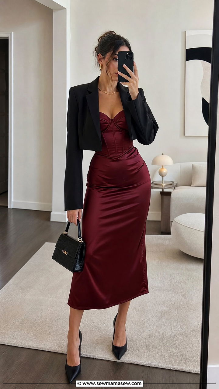 Cropped Blazer with Corset Dress - 30 Cropped blazer outfit ideas with a dress