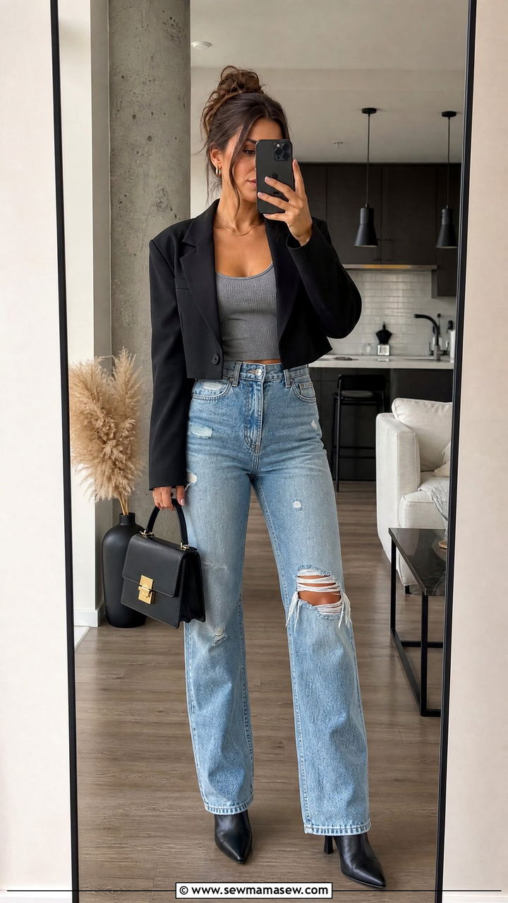 Cropped Blazer with Distressed Jeans Outfit - 30 Cropped blazer outfit ideas with jeans