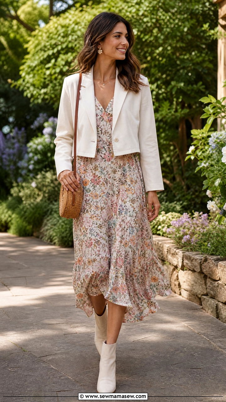 Cropped Blazer with Floral Midi Dress - 30 Cropped blazer outfit ideas with a dress