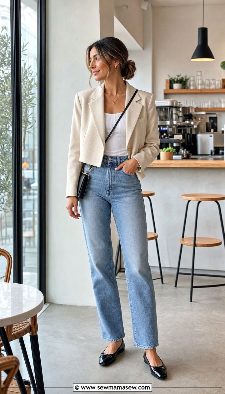 Cropped Blazer with High Rise Jeans and Ballet Flats - 25 Spring outfits with ballet flats