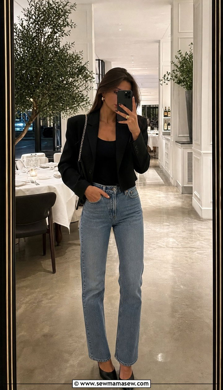 Cropped Blazer with High Waist Straight Leg Jeans - 25 dinner outfits inspo