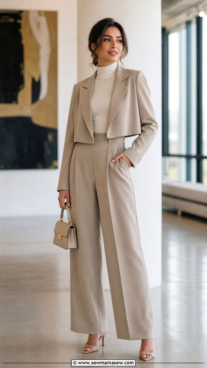 Cropped Blazer with High Waist Wide Leg Pants Outfit - 30 modest classy outfits ideas