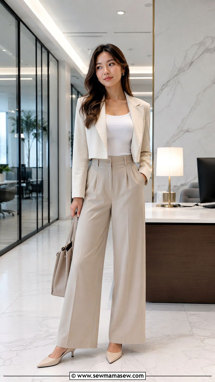 Cropped Blazer with High Waist Wide Leg Trousers Petite - 25 Petite outfit ideas with wide leg pants