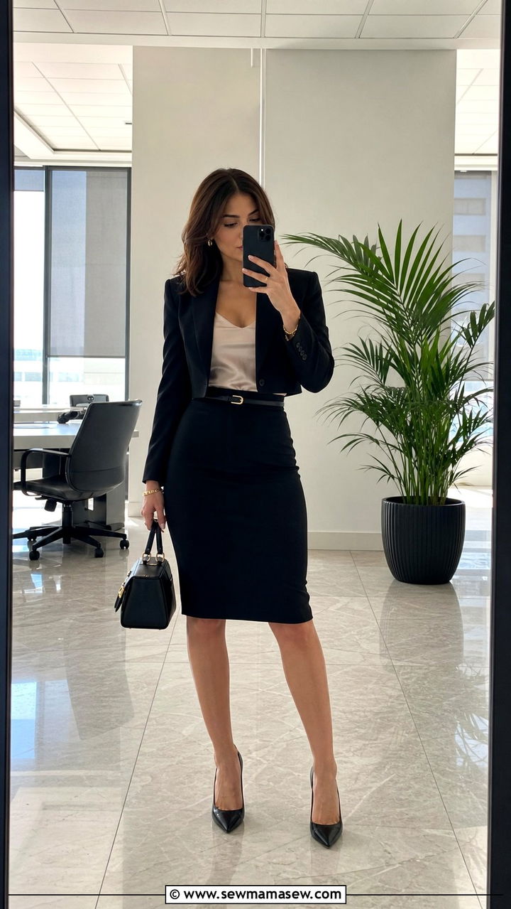 Cropped Blazer with High Waisted Pencil Skirt - 25 classy outfits for short torso women