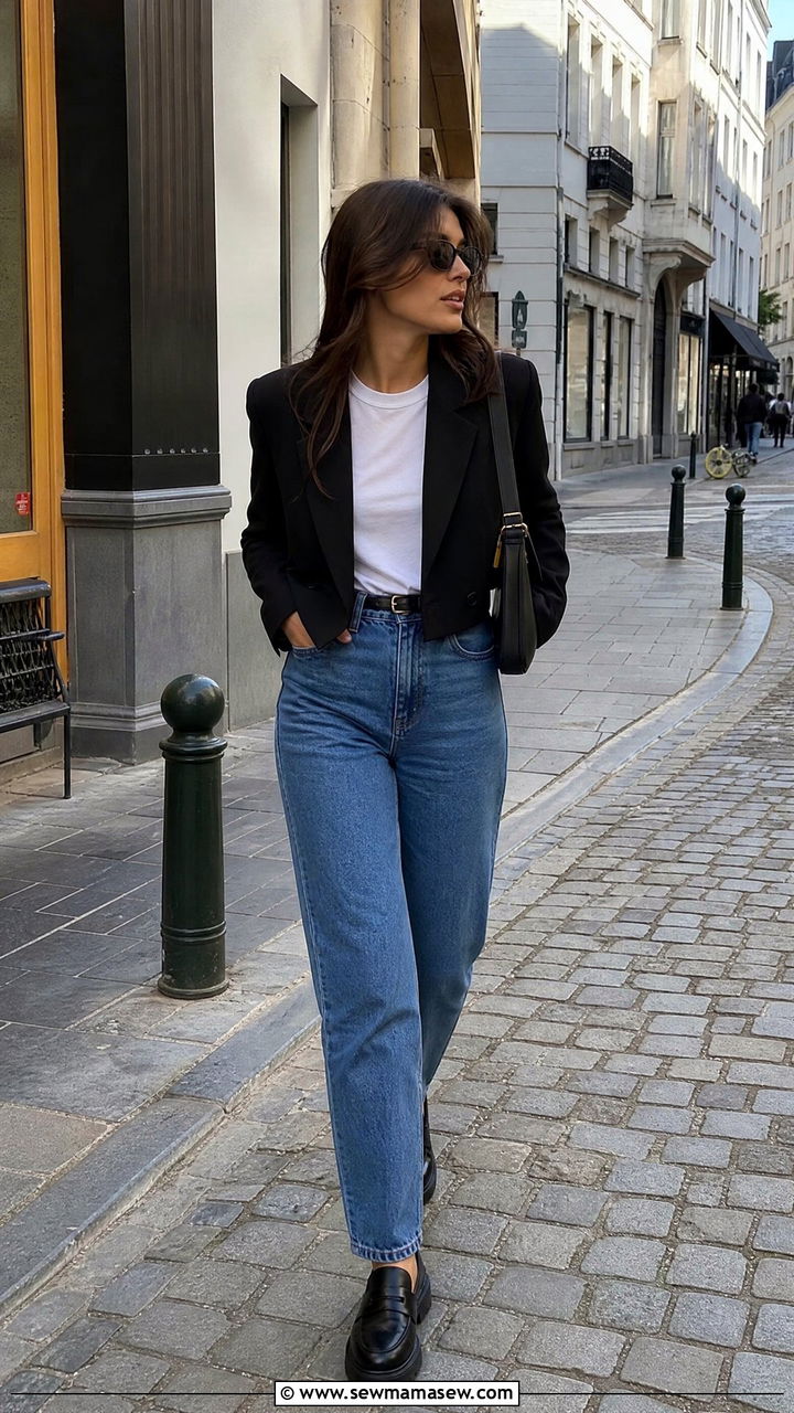 Cropped Blazer with High Waisted Straight Jeans and Loafers - 25 Brussels outfit ideas