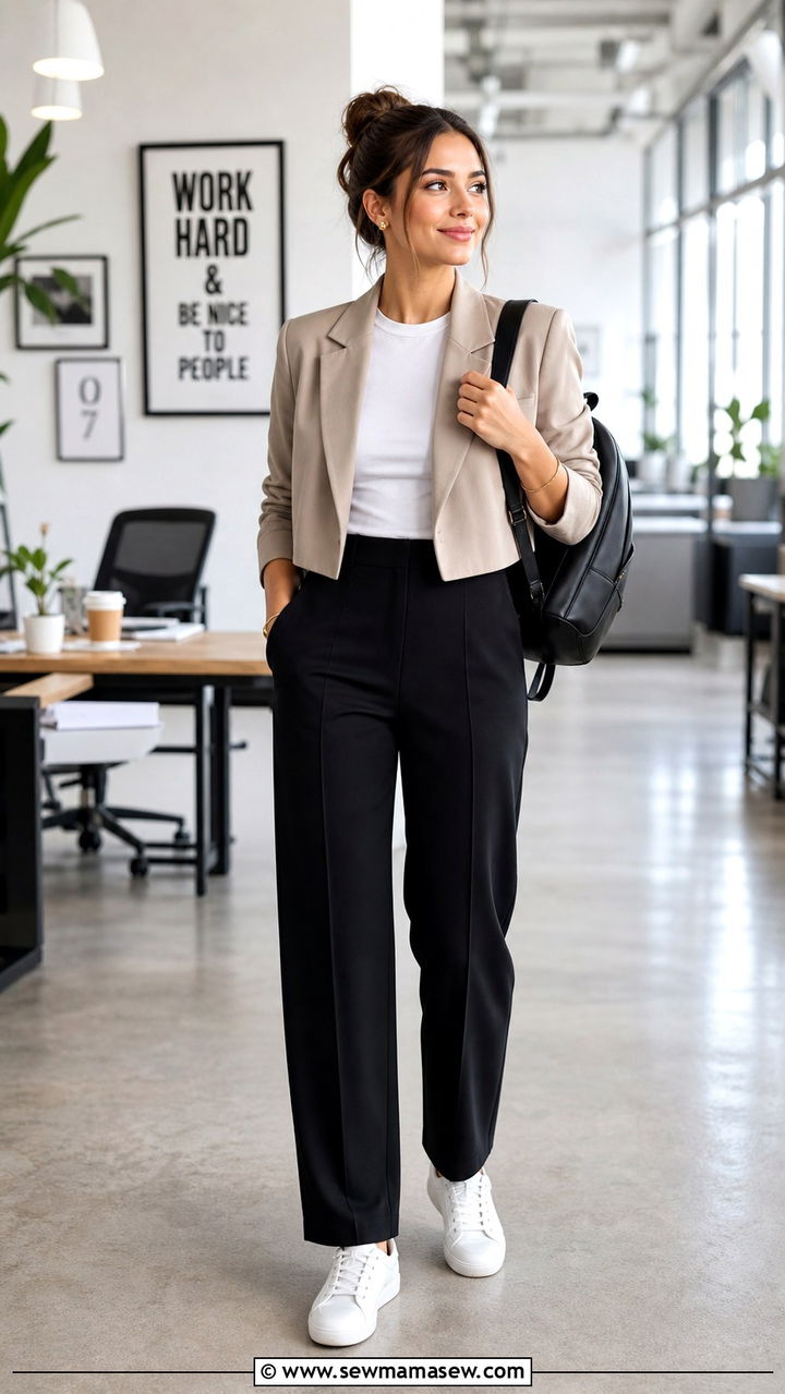 Cropped Blazer with High Waisted Trousers and Clean Sneakers - 40 classy business casual outfits