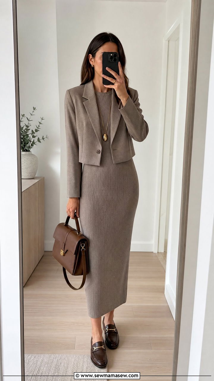 Cropped Blazer with Knit Dress - 30 Cropped blazer outfit ideas with a dress