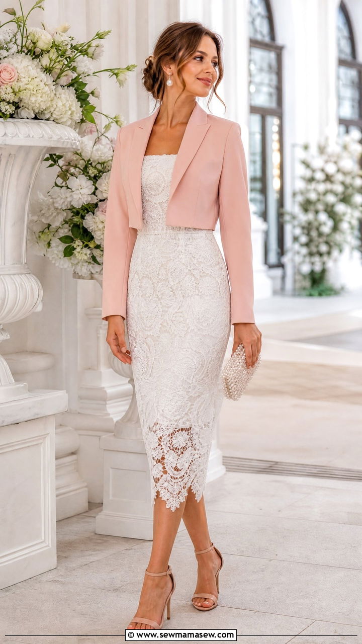 Cropped Blazer with Lace Dress - 30 Cropped blazer outfit ideas with a dress