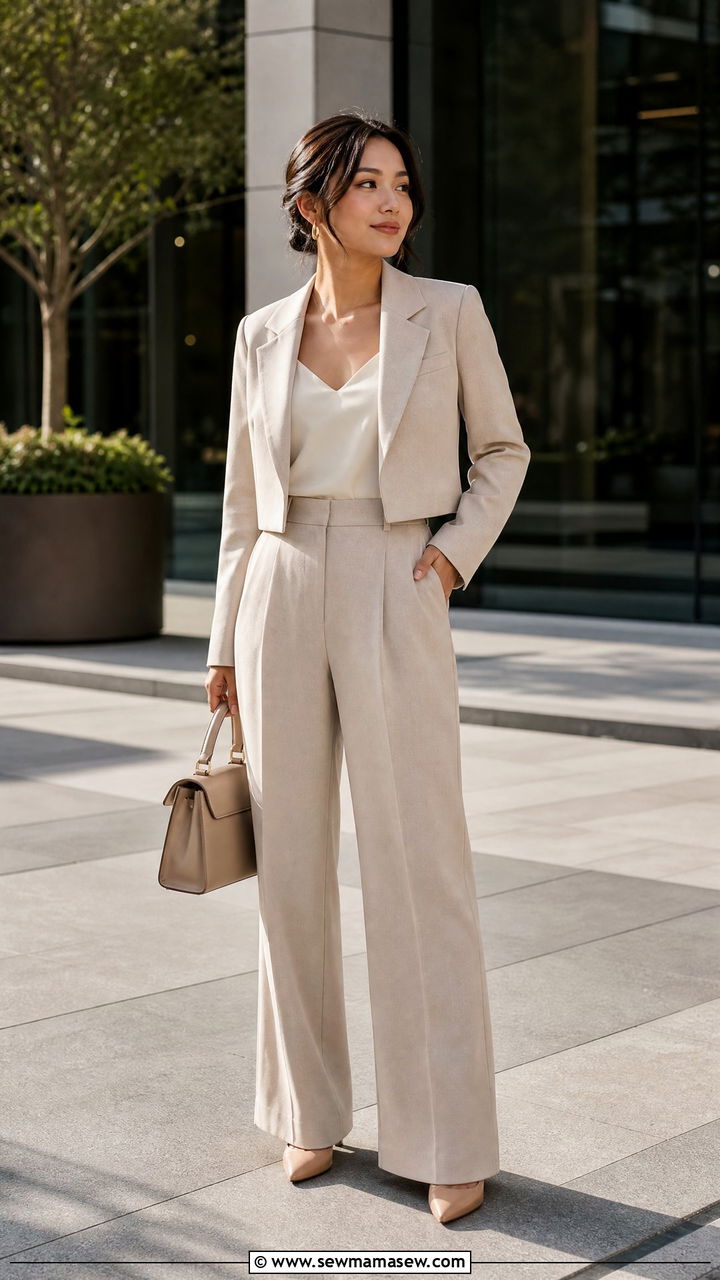 Cropped Blazer with Matching Wide Leg Trousers and Heels - 30 Clean girl outfits for petite women