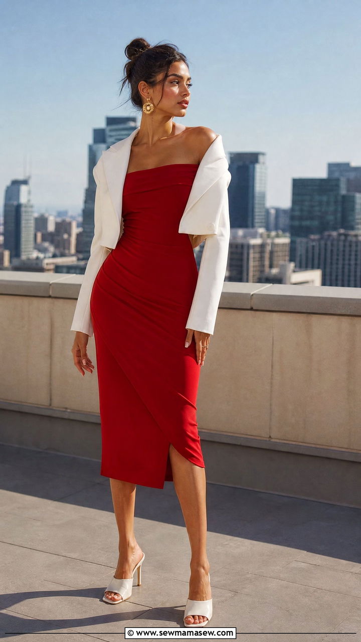 Cropped Blazer with Off Shoulder Dress - 30 Cropped blazer outfit ideas with a dress
