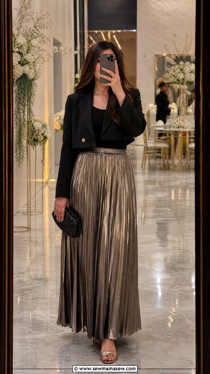 Cropped Blazer with Pleated Maxi Skirt Wedding Look - 30 Cropped blazer outfit ideas for a wedding