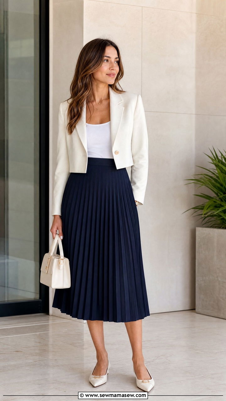 Cropped Blazer with Pleated Midi Skirt - 25 chic pleated skirt outfit ideas