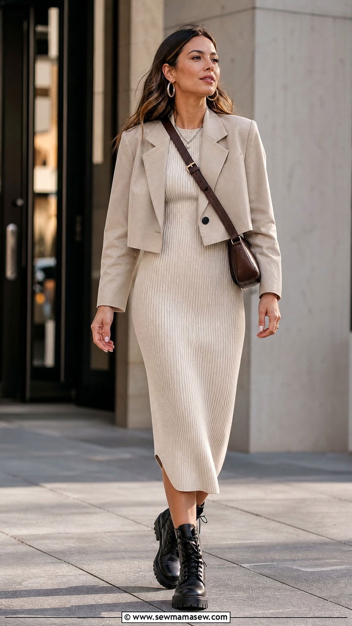 Cropped Blazer with Ribbed Knit Dress - 30 Cropped blazer outfit ideas with a dress