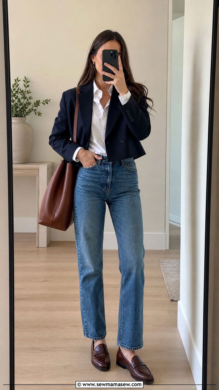 Cropped Blazer with Straight Leg Jeans Look - 30 Cropped blazer outfit ideas with jeans
