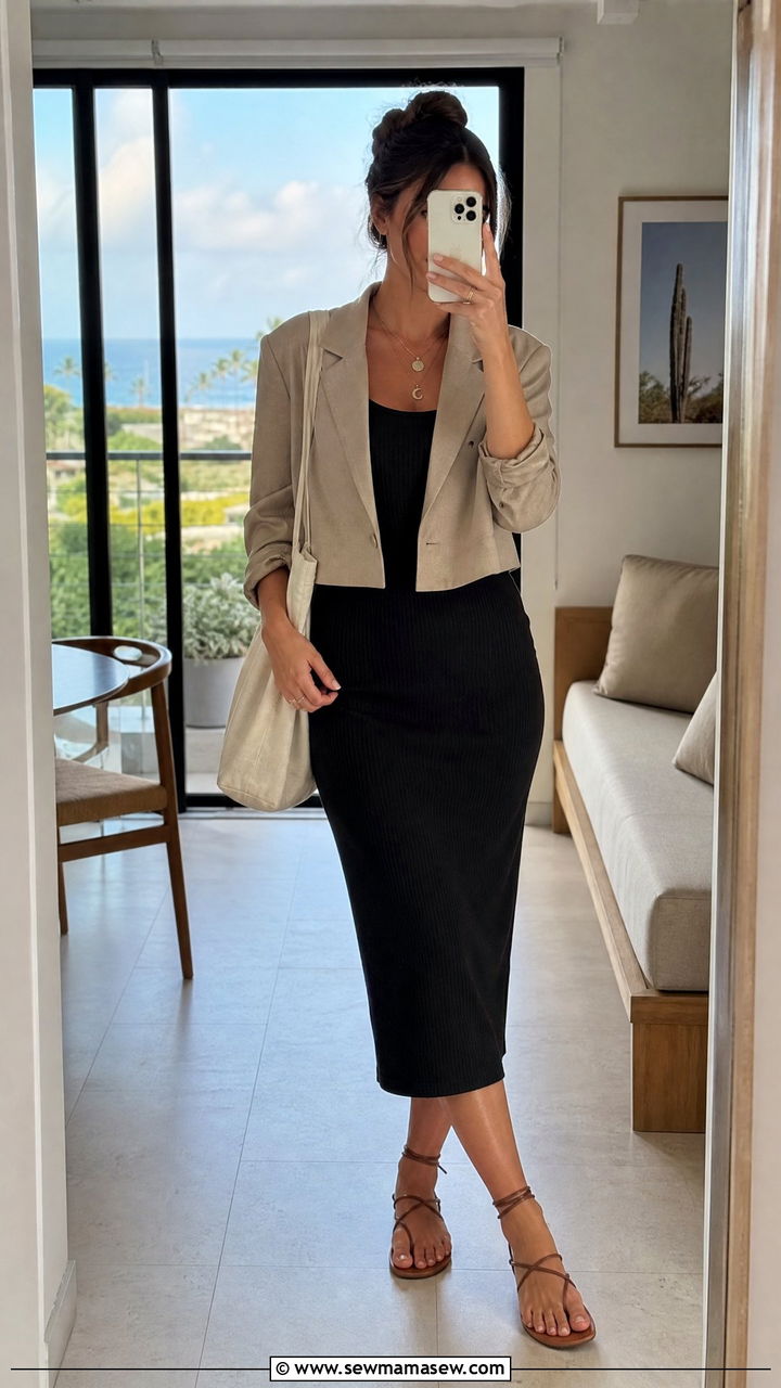 Cropped Blazer with Tank Dress - 30 Cropped blazer outfit ideas with a dress