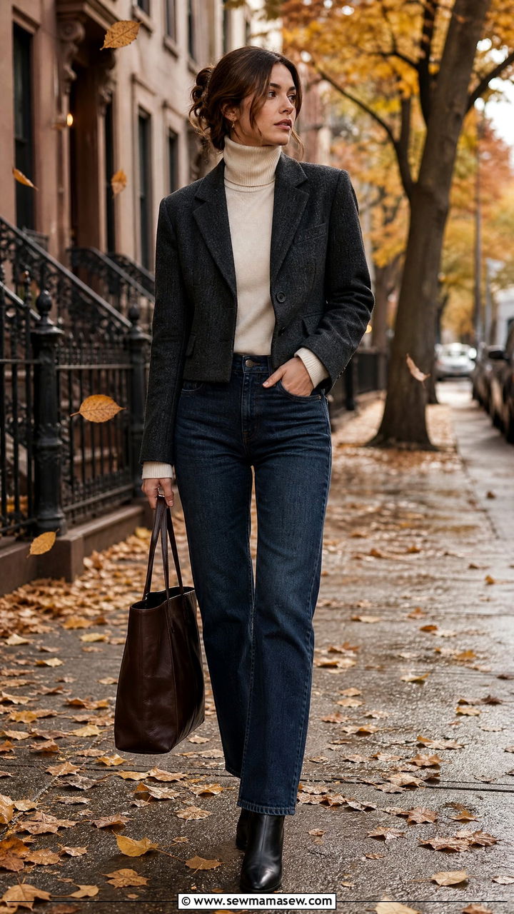 Cropped Blazer with Turtleneck and Jeans Fall Outfit - 30 Cropped blazer outfit ideas with jeans