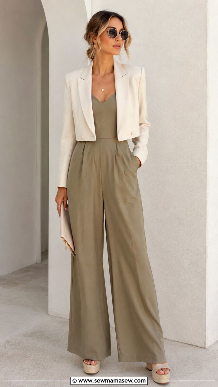 Cropped Blazer with Wide Leg Jumpsuit and Platform Sandals Outfit - 30 transitional blazer outfit ideas