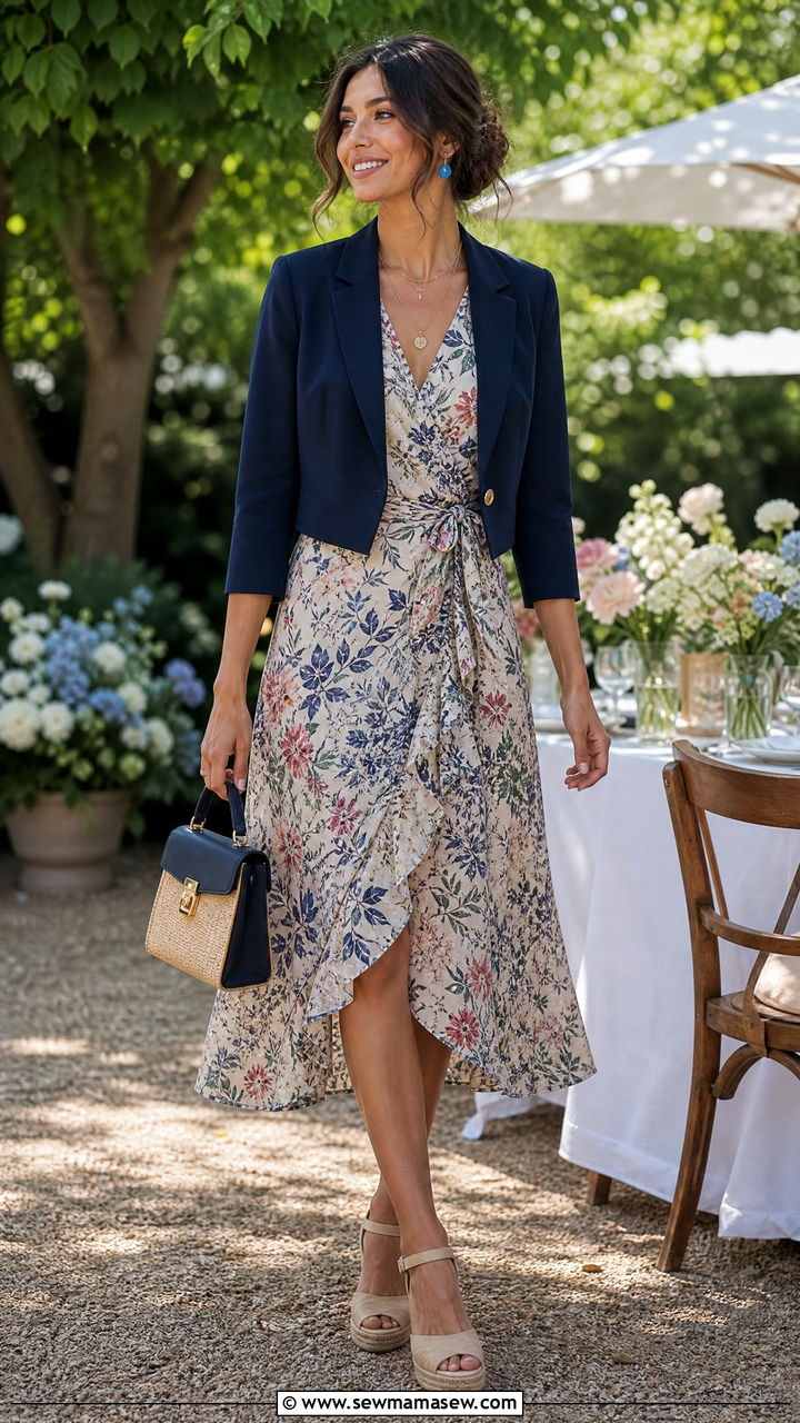 Cropped Blazer with Wrap Dress - 30 Cropped blazer outfit ideas with a dress