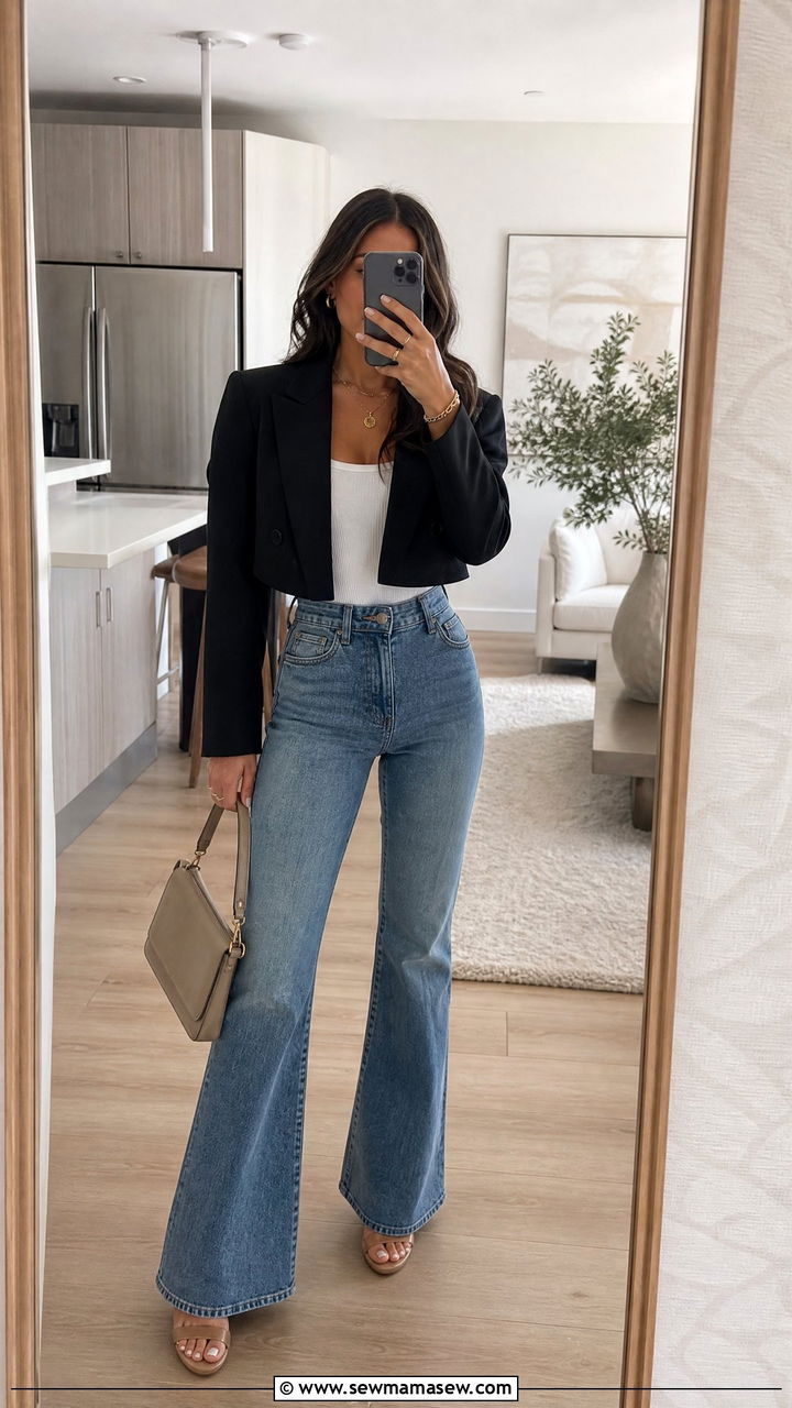Cropped Blazer with a Fitted Tank and High Waisted Flare Jeans - 30 Flare jeans outfit ideas with a blazer