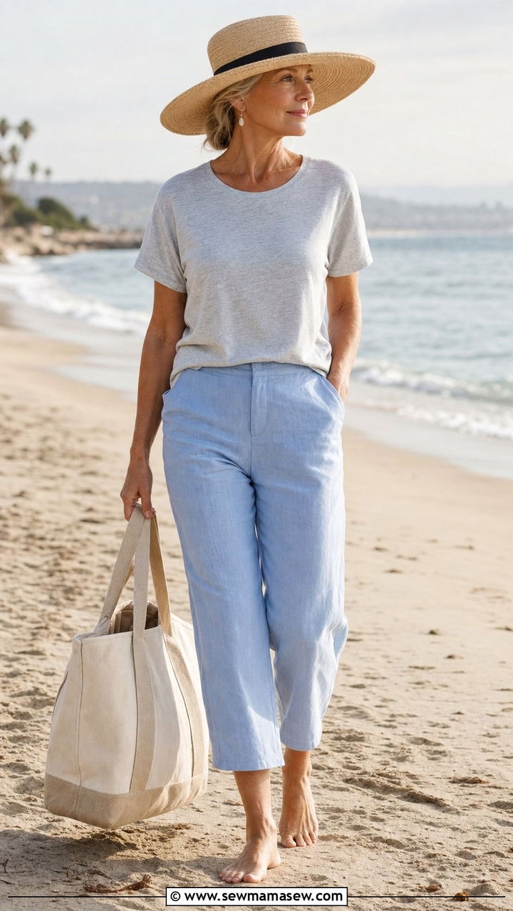 Cropped Blue Pants and Light Gray Tee - 25 Coastal grandmother outfits 2026