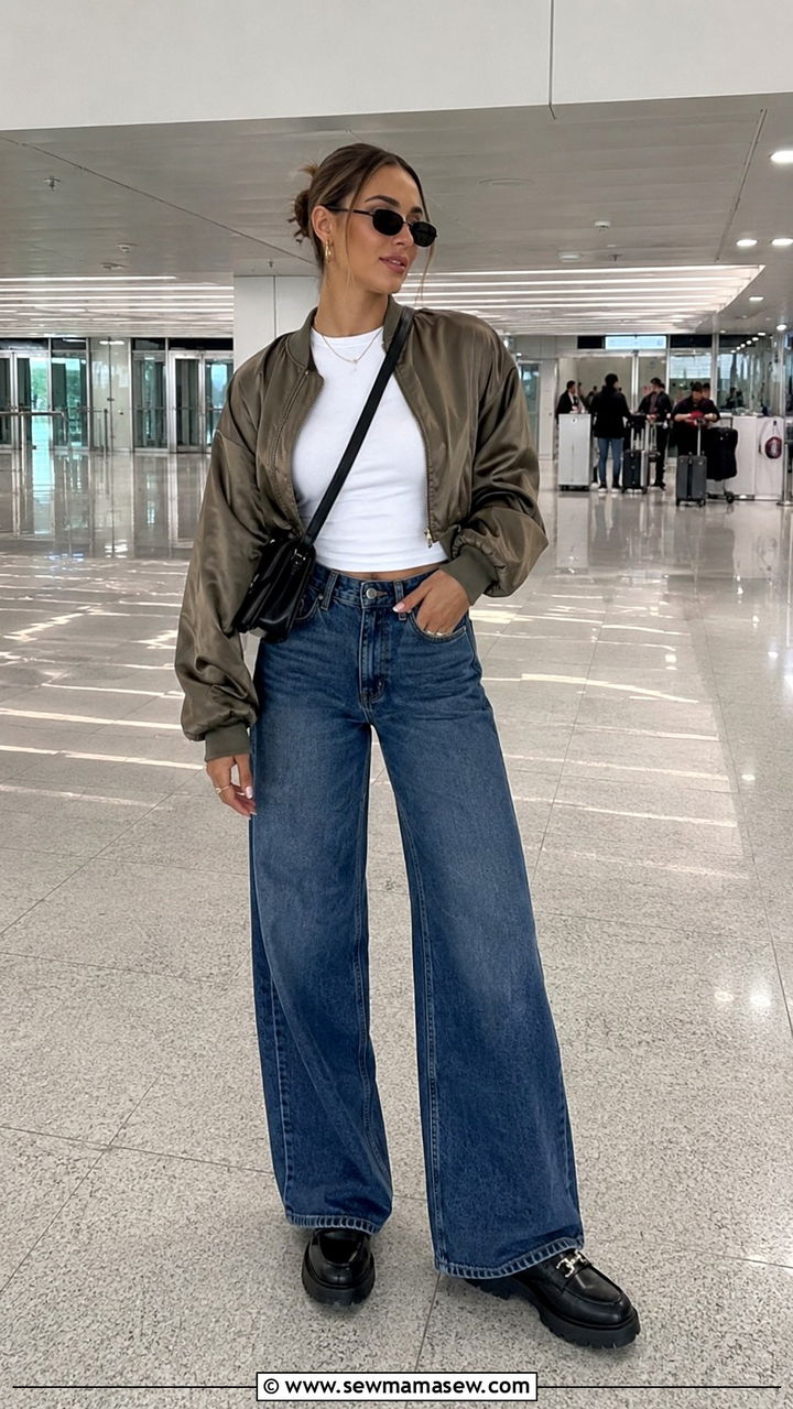 Cropped Bomber Jacket And Wide Leg Jeans With Loafers - 25 Wide leg jeans outfit ideas with loafers