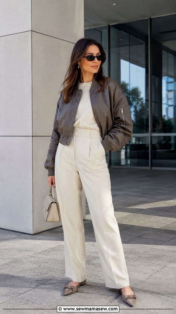 Cropped Bomber Jacket With High Waist Trousers - 30 spring bomber jacket outfit ideas
