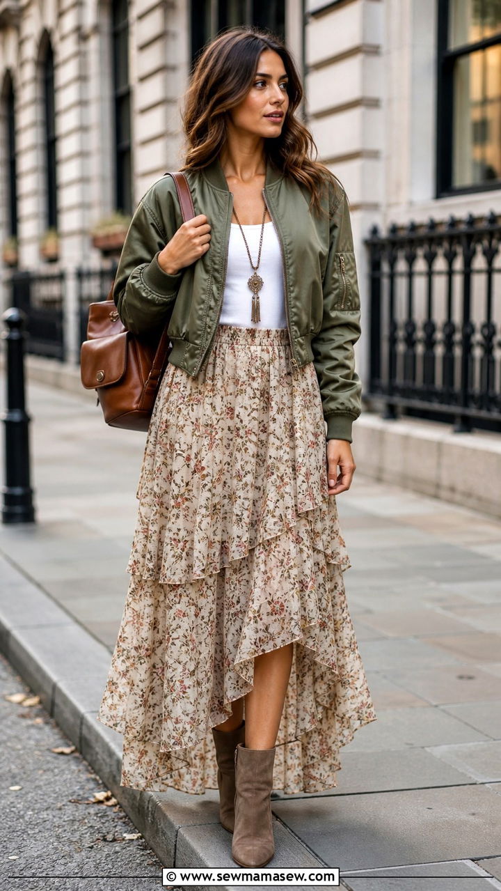 Cropped Bomber Jacket With Tiered Maxi Skirt - 40 boho chic outfits