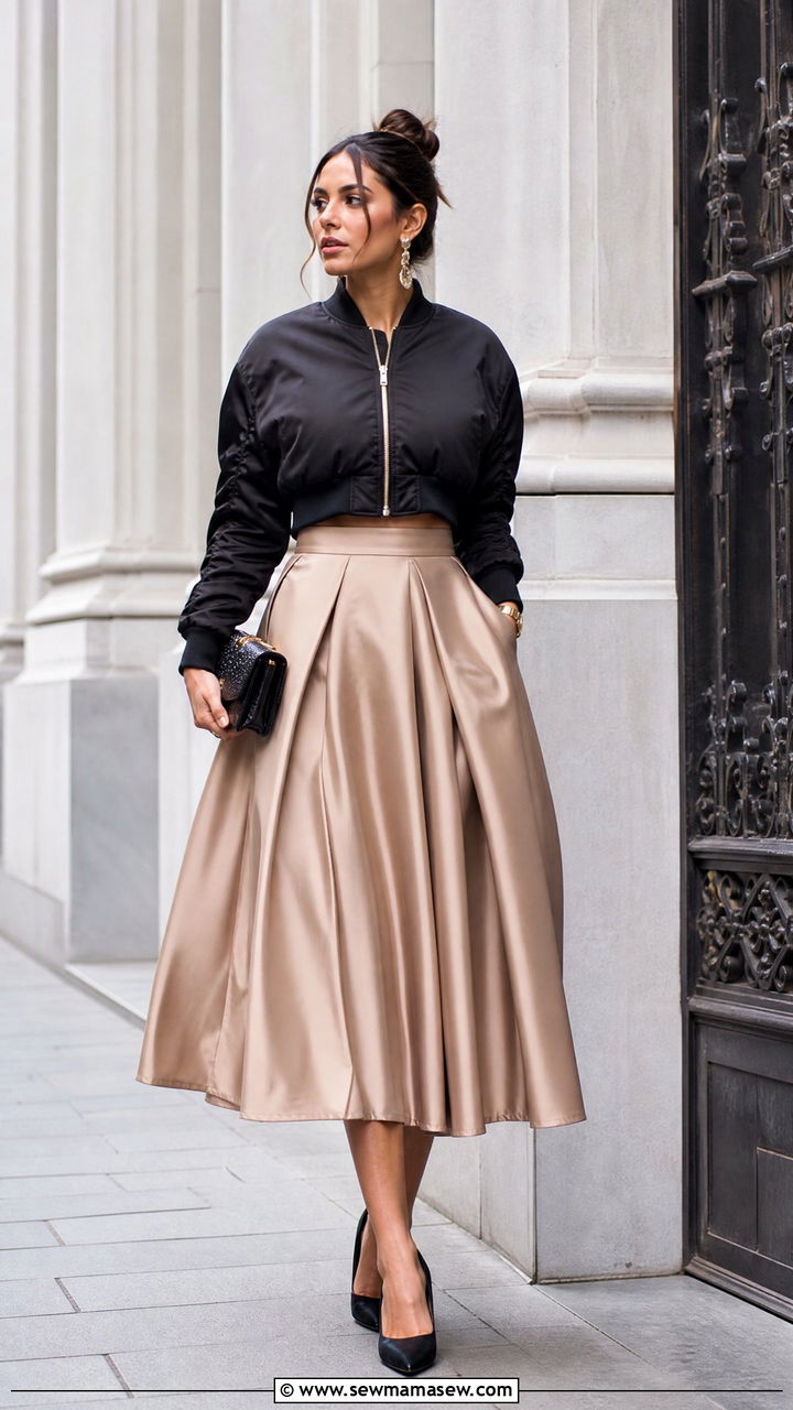 Cropped Bomber Jacket With Voluminous Midi Skirt - 25 how to style bomber jacket