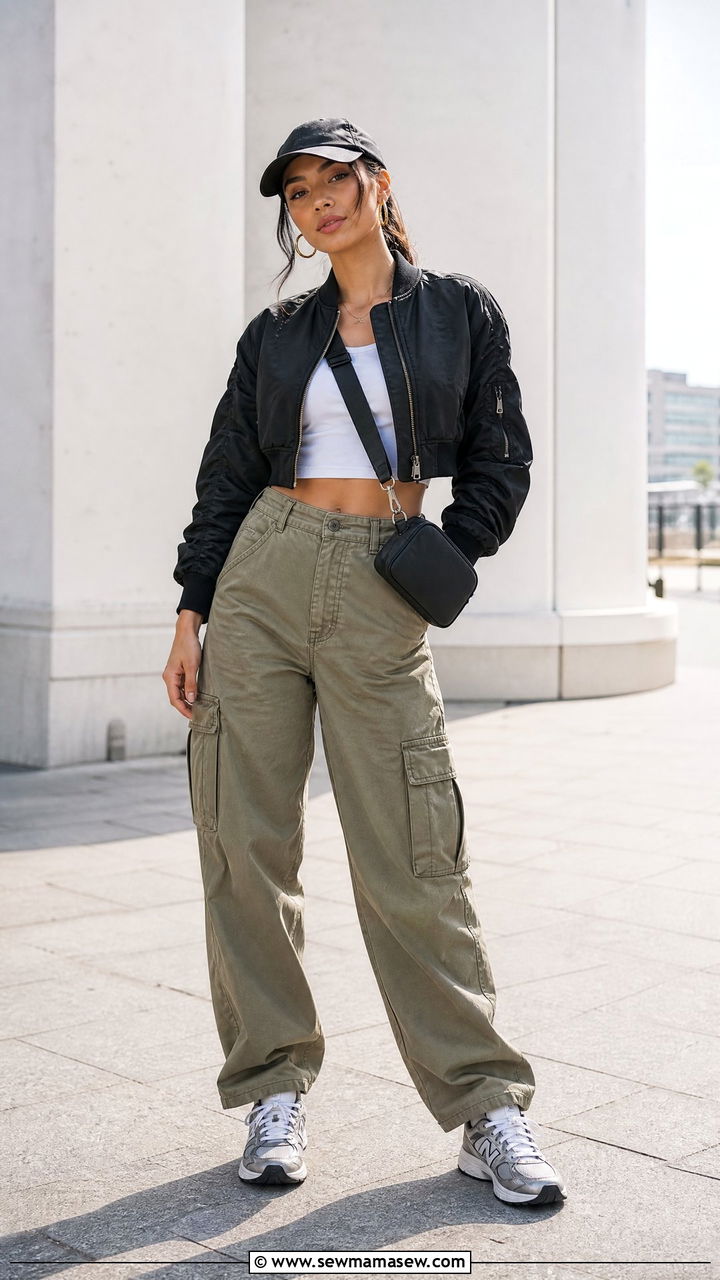 Cropped Bomber Jacket with High Waist Cargos and Retro Runners - 30 streetwear outfits to copy