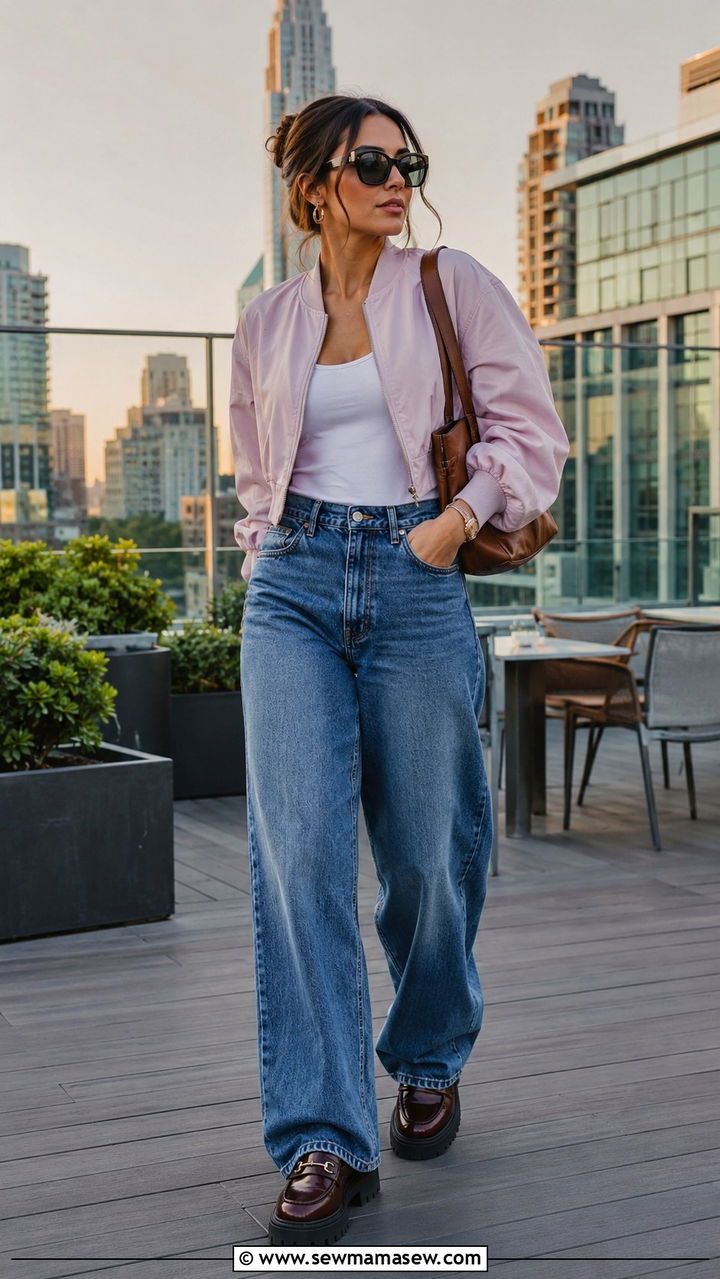 Cropped Bomber Jacket with Wide Leg Jeans - 30 spring to summer outfits 2026